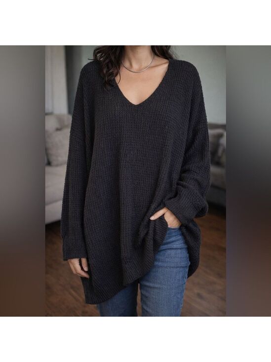 Urban Outfitters Sweaters - NWT FREE PEOPLE Oversized Black Waffle-Knit Slouchy Sweater • V-Neck • Fit S–3XL